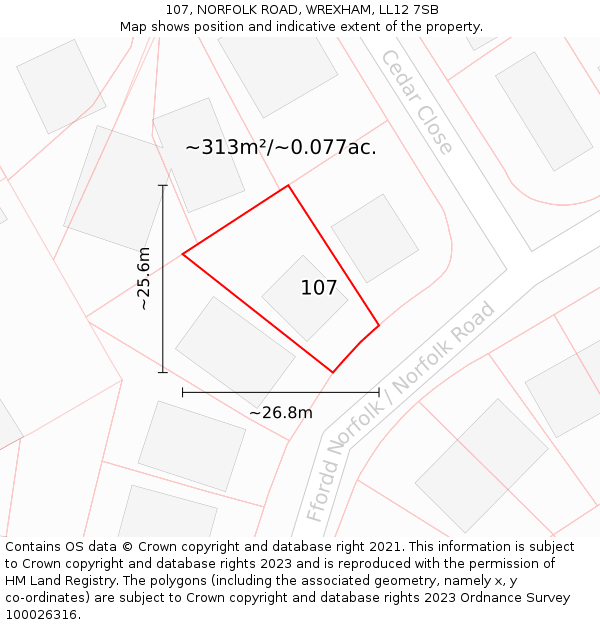 107, NORFOLK ROAD, WREXHAM, LL12 7SB: Plot and title map