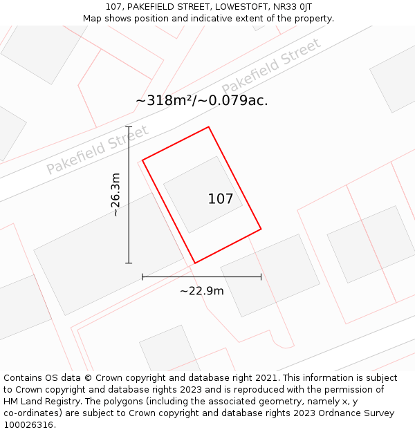 107, PAKEFIELD STREET, LOWESTOFT, NR33 0JT: Plot and title map