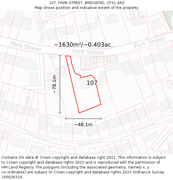 107, PARK STREET, BRIDGEND, CF31 4AZ: Plot and title map