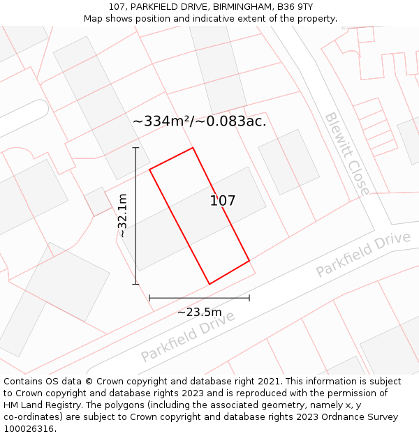 107, PARKFIELD DRIVE, BIRMINGHAM, B36 9TY: Plot and title map