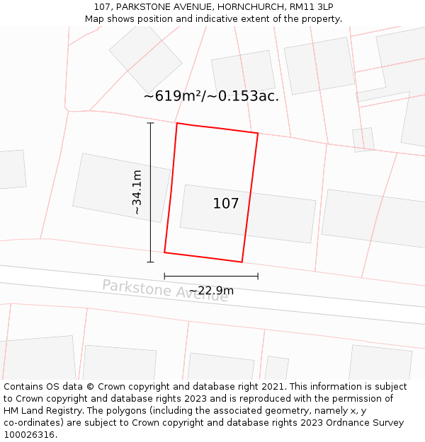 107, PARKSTONE AVENUE, HORNCHURCH, RM11 3LP: Plot and title map