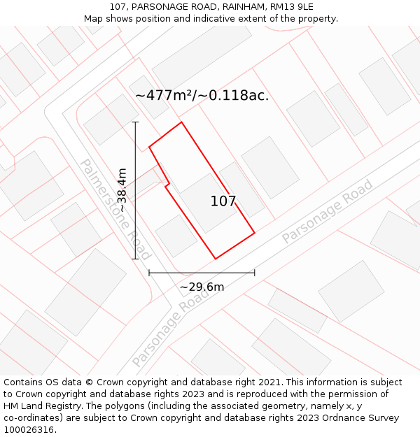 107, PARSONAGE ROAD, RAINHAM, RM13 9LE: Plot and title map