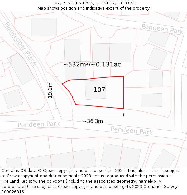 107, PENDEEN PARK, HELSTON, TR13 0SL: Plot and title map
