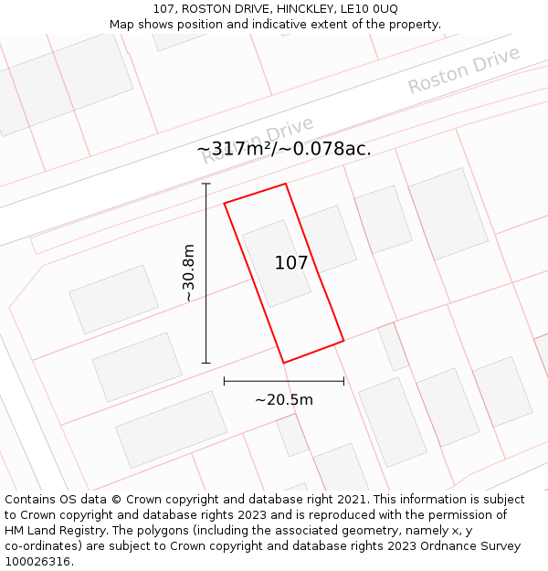 107, ROSTON DRIVE, HINCKLEY, LE10 0UQ: Plot and title map