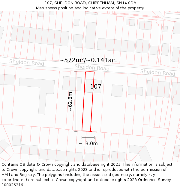 107, SHELDON ROAD, CHIPPENHAM, SN14 0DA: Plot and title map