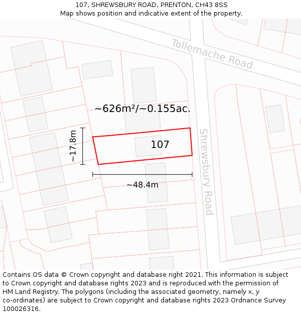 107, SHREWSBURY ROAD, PRENTON, CH43 8SS: Plot and title map