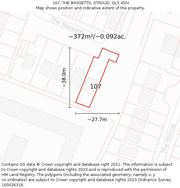 107, THE BASSETTS, STROUD, GL5 4SN: Plot and title map