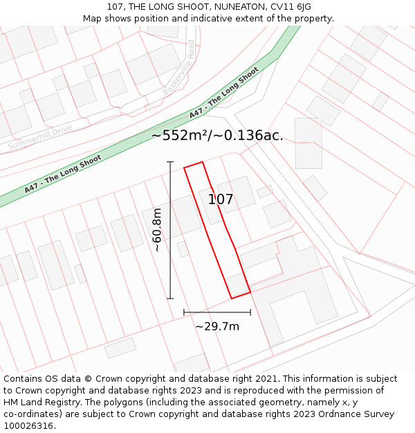 107, THE LONG SHOOT, NUNEATON, CV11 6JG: Plot and title map