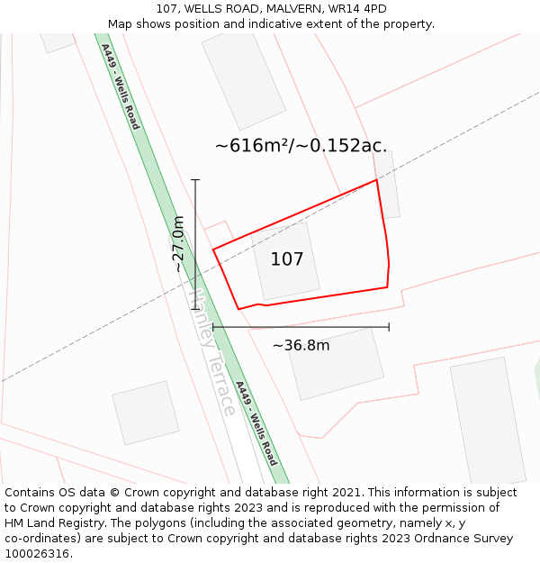 107, WELLS ROAD, MALVERN, WR14 4PD: Plot and title map