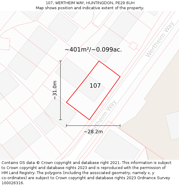 107, WERTHEIM WAY, HUNTINGDON, PE29 6UH: Plot and title map