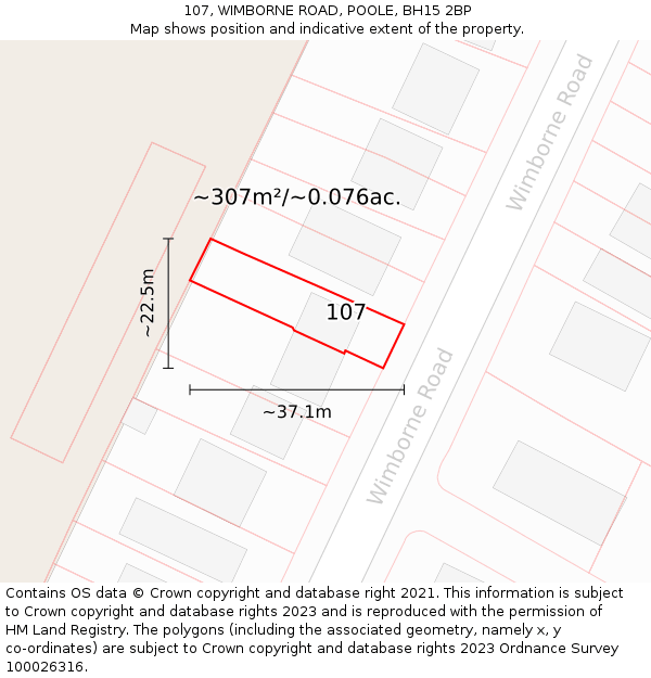 107, WIMBORNE ROAD, POOLE, BH15 2BP: Plot and title map