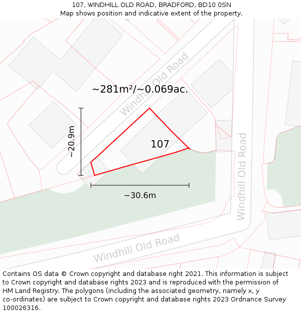 107, WINDHILL OLD ROAD, BRADFORD, BD10 0SN: Plot and title map