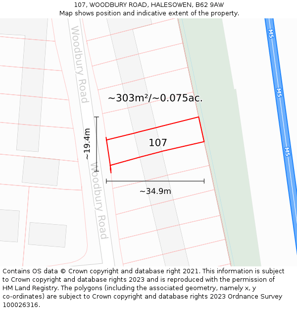 107, WOODBURY ROAD, HALESOWEN, B62 9AW: Plot and title map