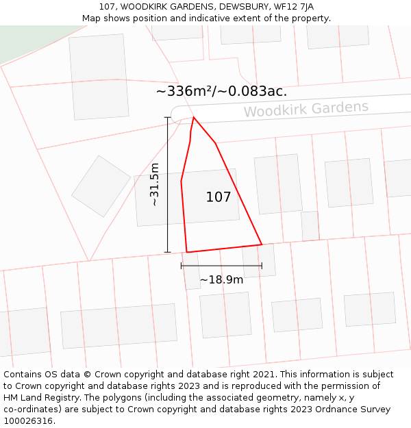 107, WOODKIRK GARDENS, DEWSBURY, WF12 7JA: Plot and title map