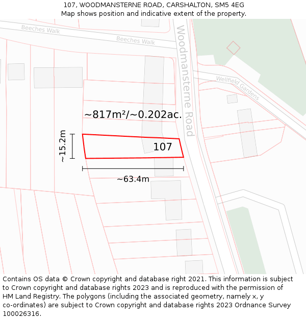 107, WOODMANSTERNE ROAD, CARSHALTON, SM5 4EG: Plot and title map