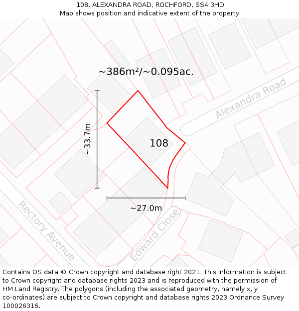 108, ALEXANDRA ROAD, ROCHFORD, SS4 3HD: Plot and title map