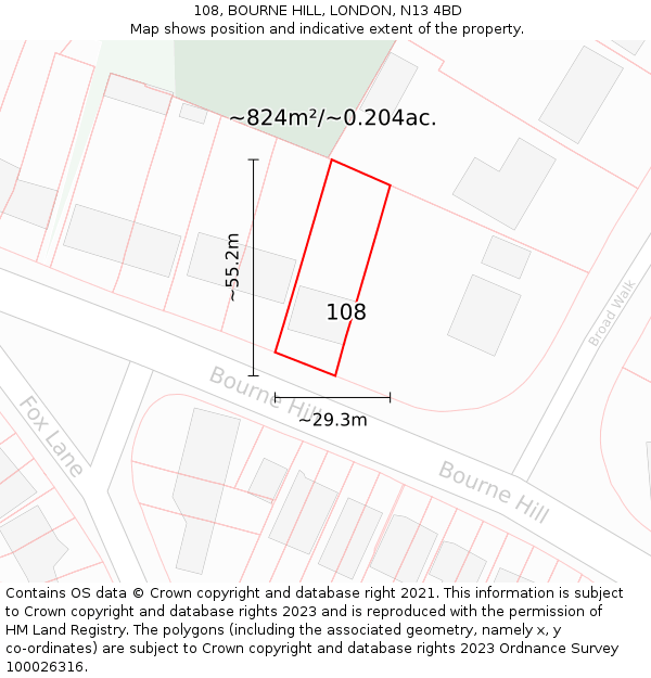 108, BOURNE HILL, LONDON, N13 4BD: Plot and title map