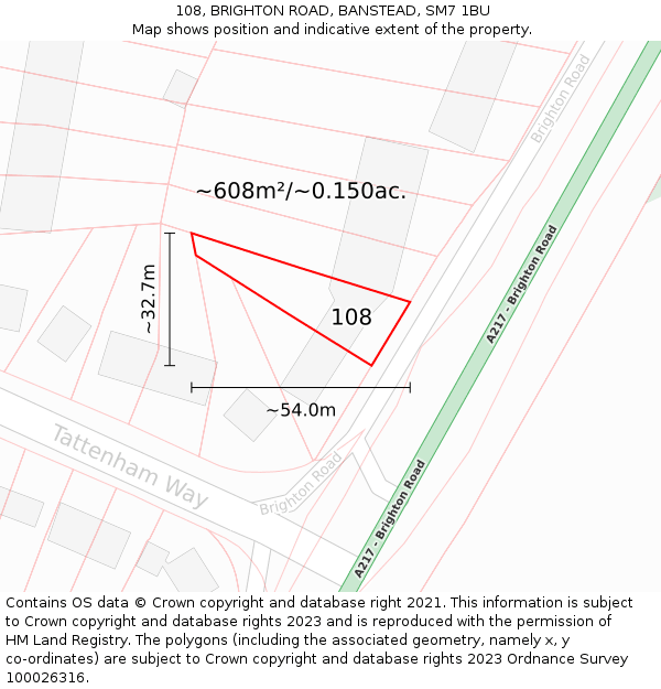 108, BRIGHTON ROAD, BANSTEAD, SM7 1BU: Plot and title map