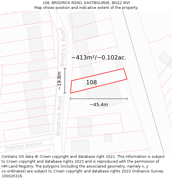 108, BRODRICK ROAD, EASTBOURNE, BN22 9NY: Plot and title map