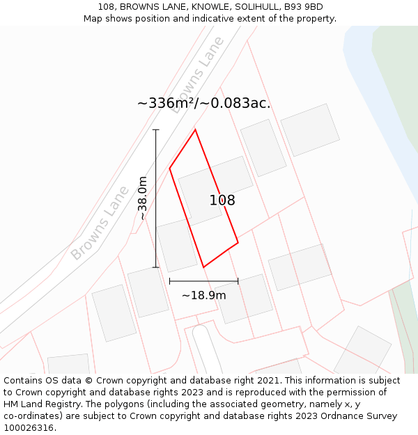 108, BROWNS LANE, KNOWLE, SOLIHULL, B93 9BD: Plot and title map