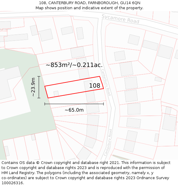 108, CANTERBURY ROAD, FARNBOROUGH, GU14 6QN: Plot and title map