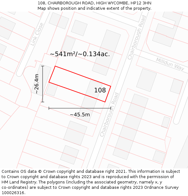 108, CHAIRBOROUGH ROAD, HIGH WYCOMBE, HP12 3HN: Plot and title map