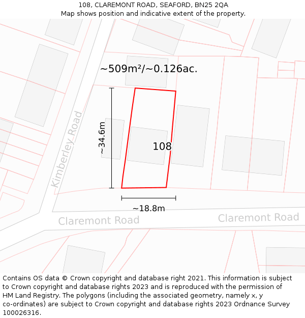 108, CLAREMONT ROAD, SEAFORD, BN25 2QA: Plot and title map