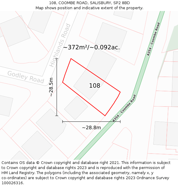 108, COOMBE ROAD, SALISBURY, SP2 8BD: Plot and title map
