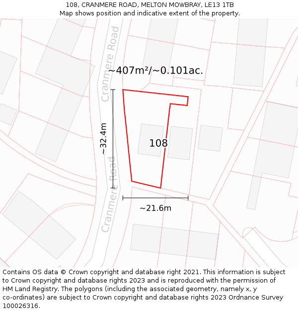 108, CRANMERE ROAD, MELTON MOWBRAY, LE13 1TB: Plot and title map