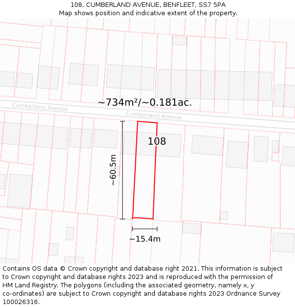 108, CUMBERLAND AVENUE, BENFLEET, SS7 5PA: Plot and title map