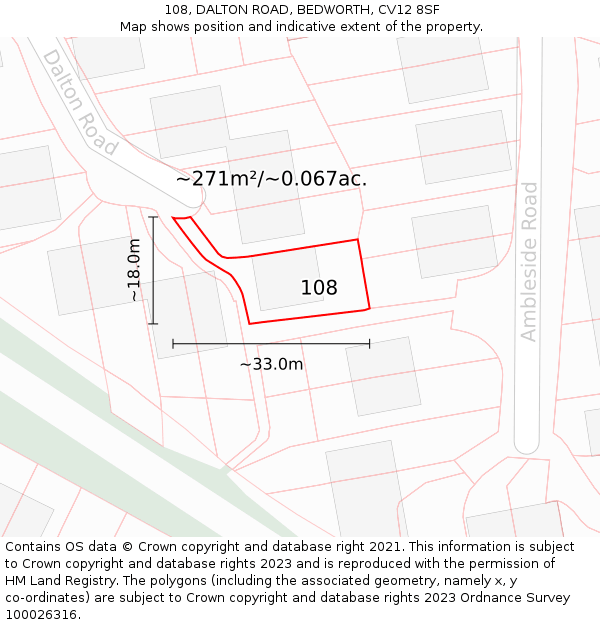 108, DALTON ROAD, BEDWORTH, CV12 8SF: Plot and title map