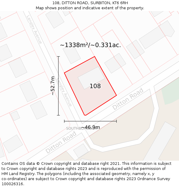 108, DITTON ROAD, SURBITON, KT6 6RH: Plot and title map