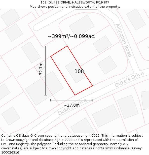 108, DUKES DRIVE, HALESWORTH, IP19 8TF: Plot and title map