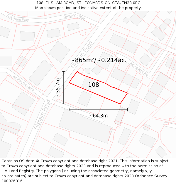 108, FILSHAM ROAD, ST LEONARDS-ON-SEA, TN38 0PG: Plot and title map