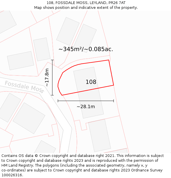 108, FOSSDALE MOSS, LEYLAND, PR26 7AT: Plot and title map