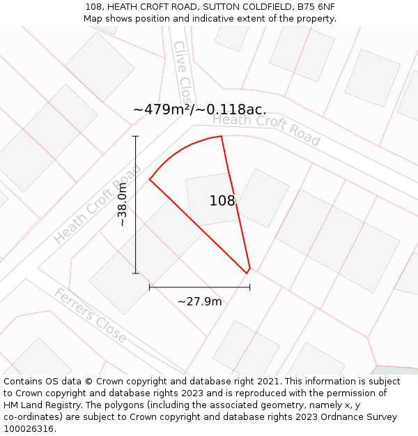 108, HEATH CROFT ROAD, SUTTON COLDFIELD, B75 6NF: Plot and title map