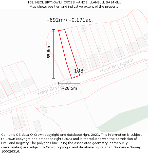 108, HEOL BRYNGWILI, CROSS HANDS, LLANELLI, SA14 6LU: Plot and title map