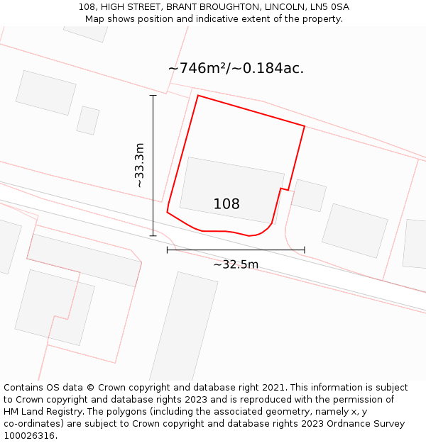 108, HIGH STREET, BRANT BROUGHTON, LINCOLN, LN5 0SA: Plot and title map