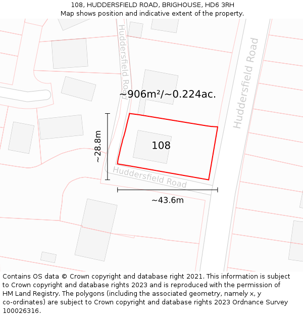 108, HUDDERSFIELD ROAD, BRIGHOUSE, HD6 3RH: Plot and title map