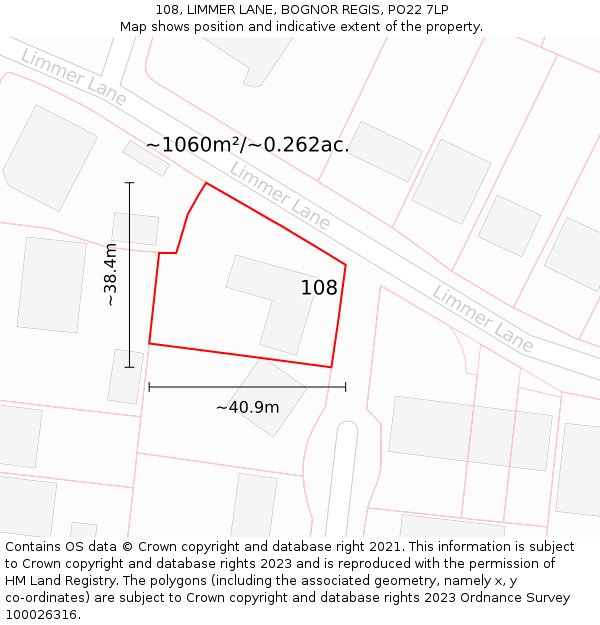 108, LIMMER LANE, BOGNOR REGIS, PO22 7LP: Plot and title map