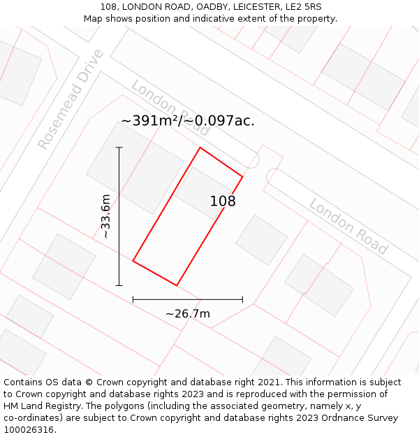 108, LONDON ROAD, OADBY, LEICESTER, LE2 5RS: Plot and title map