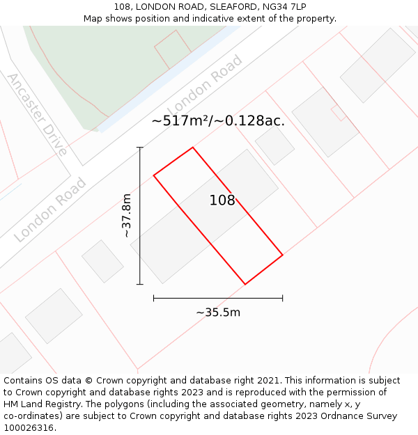 108, LONDON ROAD, SLEAFORD, NG34 7LP: Plot and title map