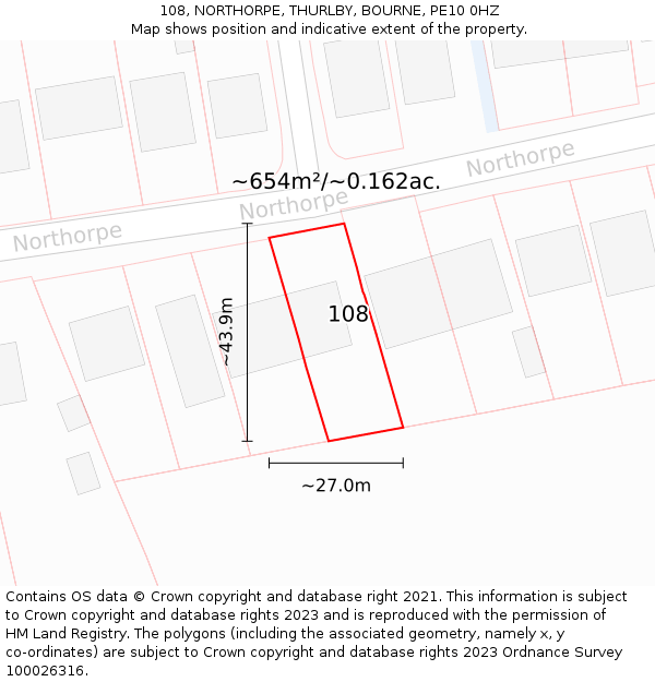 108, NORTHORPE, THURLBY, BOURNE, PE10 0HZ: Plot and title map