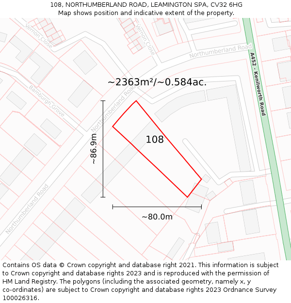 108, NORTHUMBERLAND ROAD, LEAMINGTON SPA, CV32 6HG: Plot and title map