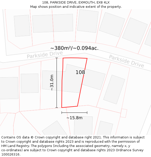 108, PARKSIDE DRIVE, EXMOUTH, EX8 4LX: Plot and title map