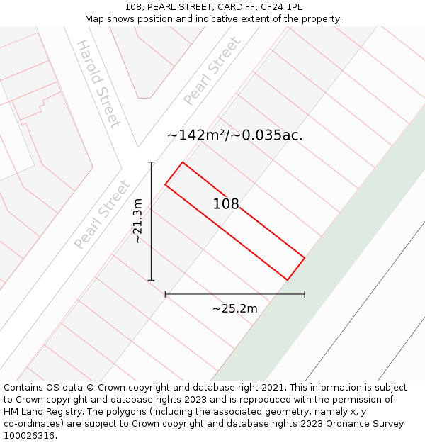 108, PEARL STREET, CARDIFF, CF24 1PL: Plot and title map
