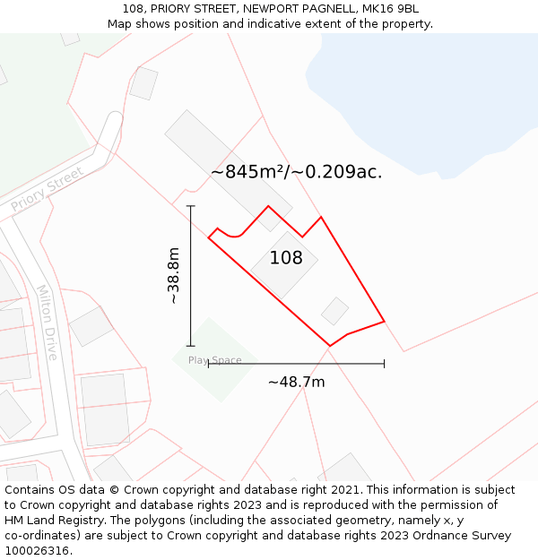 108, PRIORY STREET, NEWPORT PAGNELL, MK16 9BL: Plot and title map