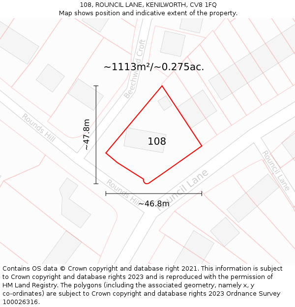 108, ROUNCIL LANE, KENILWORTH, CV8 1FQ: Plot and title map