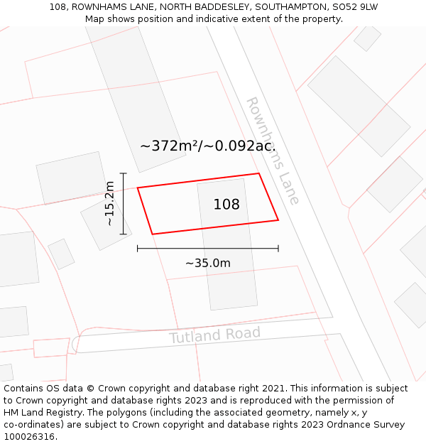 108, ROWNHAMS LANE, NORTH BADDESLEY, SOUTHAMPTON, SO52 9LW: Plot and title map