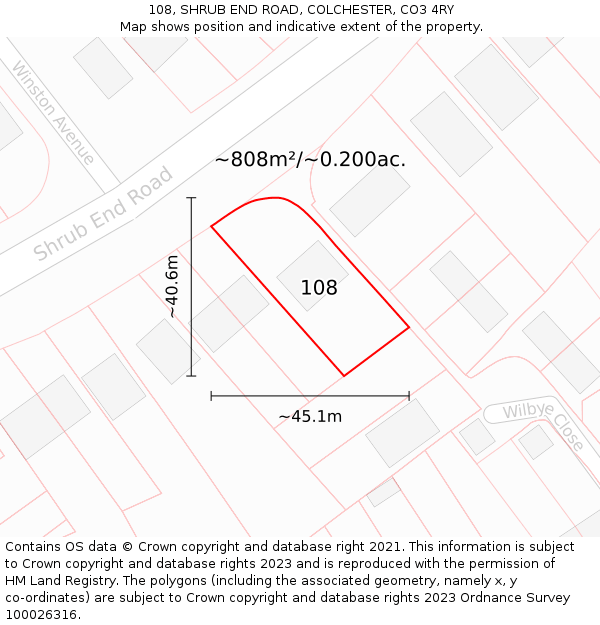 108, SHRUB END ROAD, COLCHESTER, CO3 4RY: Plot and title map